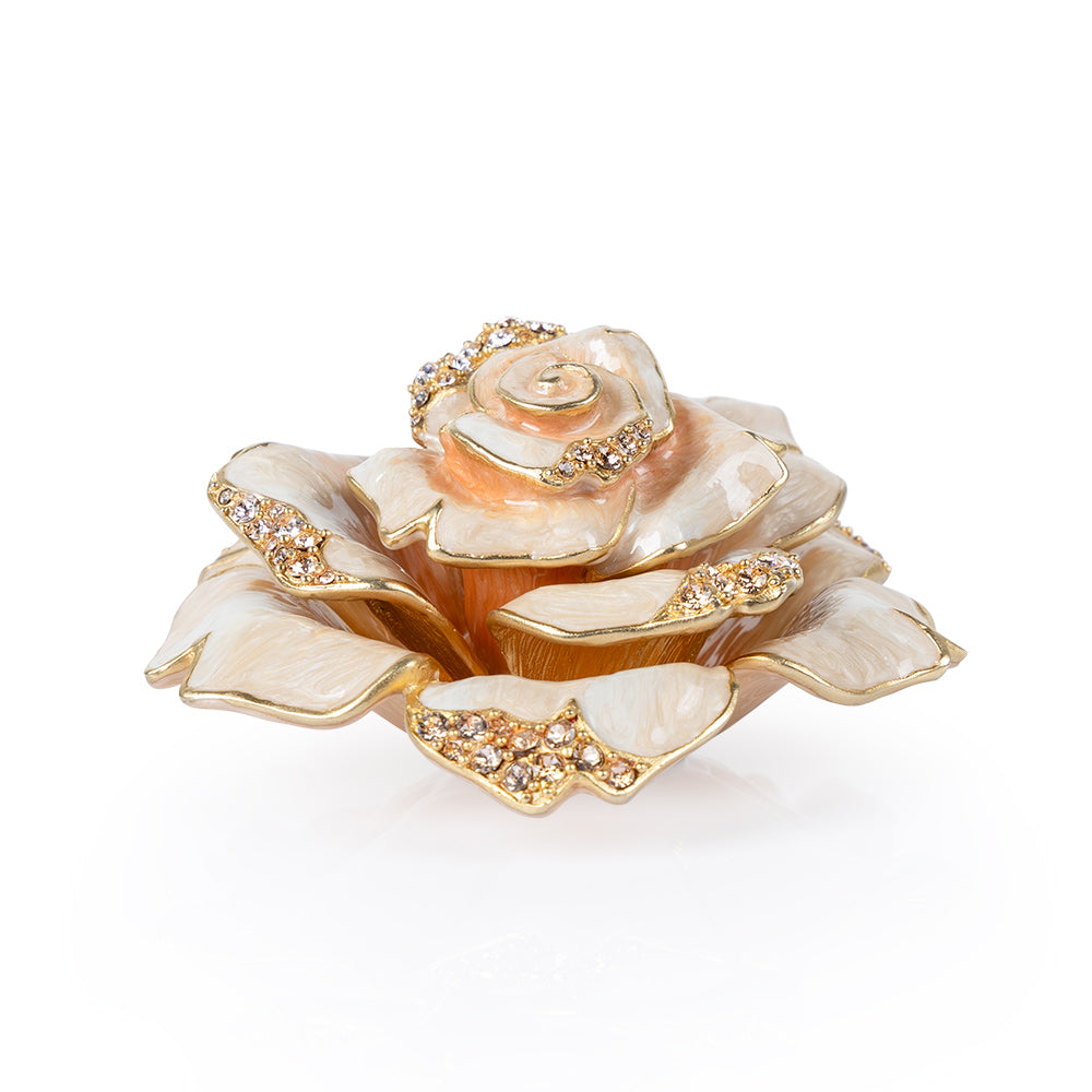 Rosie Rose Table Objet. Plated with 14K gold, pink crystals, and hand painted pink enamel petals. View of front.