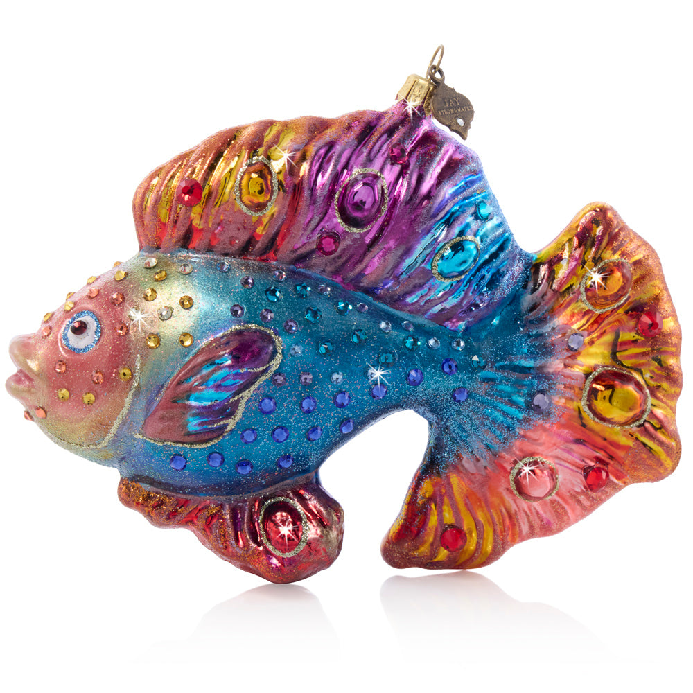 Fancy Fish Glass Ornament. Hand-painted with rainbow enamels, glitter, and crystals. View of back.
