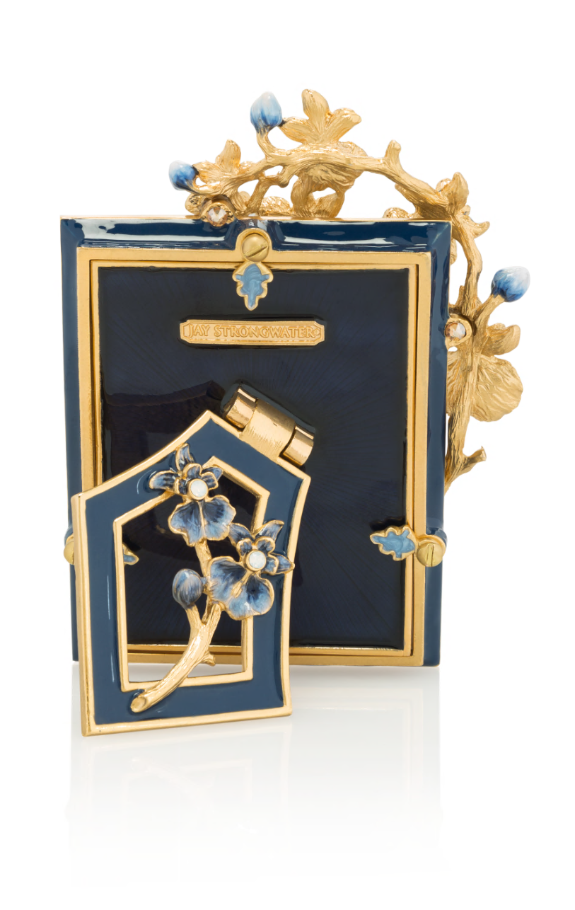 Kelsey Orchid 3" x 4" Frame - Delft Garden. This frame features navy enamel with a gold and hand-enameled orchid branch framed over the left side. View of back.