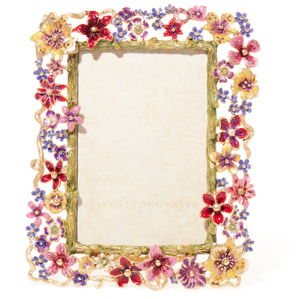 Leartes 4 x 6 Frame - Bouquet. This frame features 14k gold plated metal carvings of branches and vines. Hand-painted flowers of red, yellow, and purple enamels. View of front.