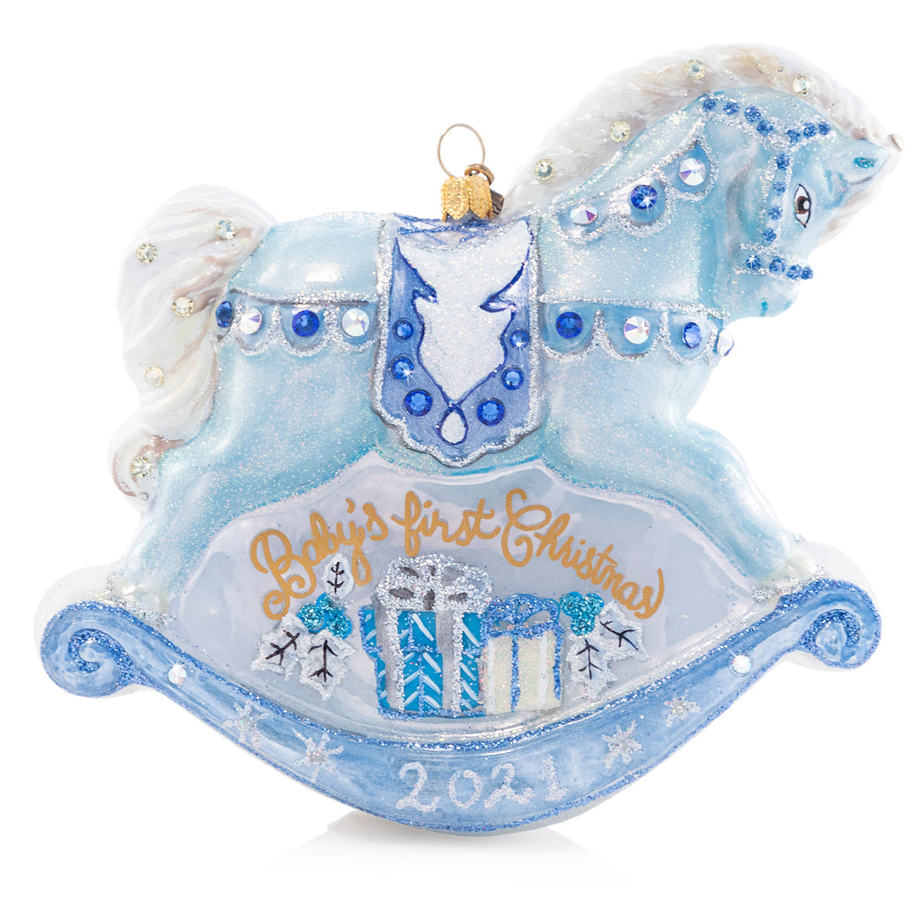 Jay Strongwater Baby's 1st Rocking Horse Blue Glass Ornament.