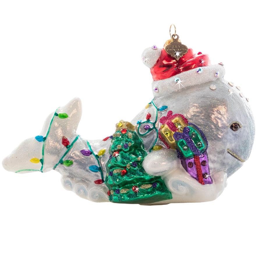 Christmas Whale Glass Ornament