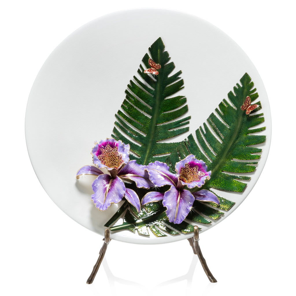 Jay Strongwater Catalina Orchid And Banana Leaf Platter With Stand.