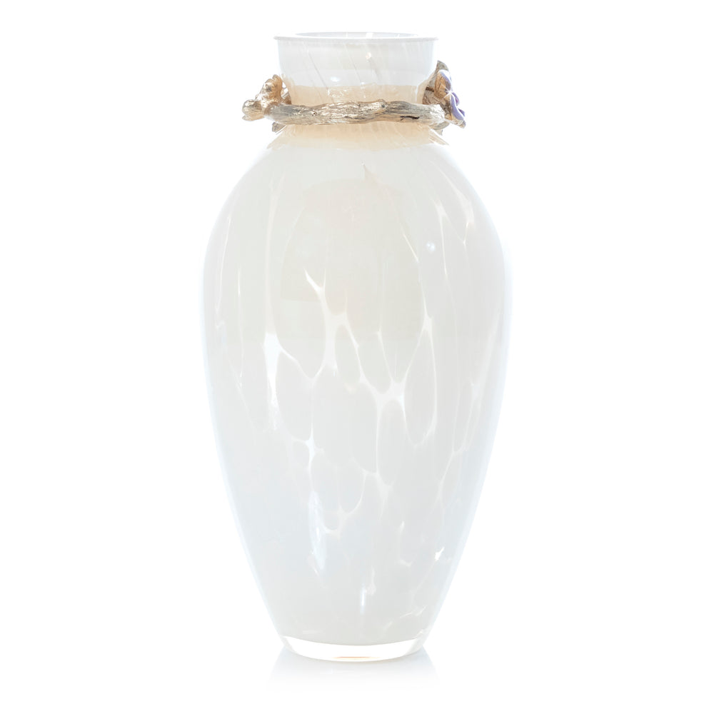 Eliana Bouquet Vase. A flourish of bright spring flowers pop against the neutral backdrop of this glass vase. Finished in 14K gold and accented with crystals. View of back.