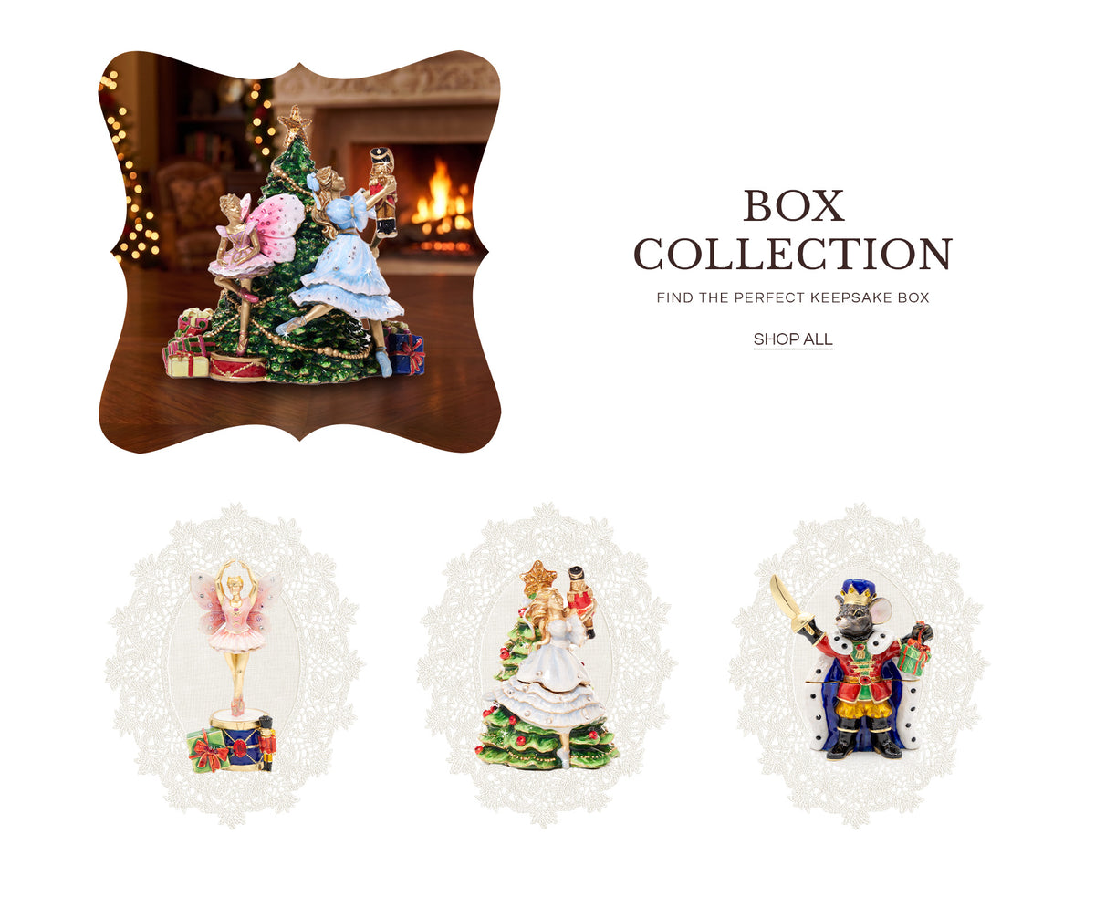 Nutcracker scene keepsake box highlighting the "box collection" with Christmas tree, sugar plum fairy, and Clara figurines