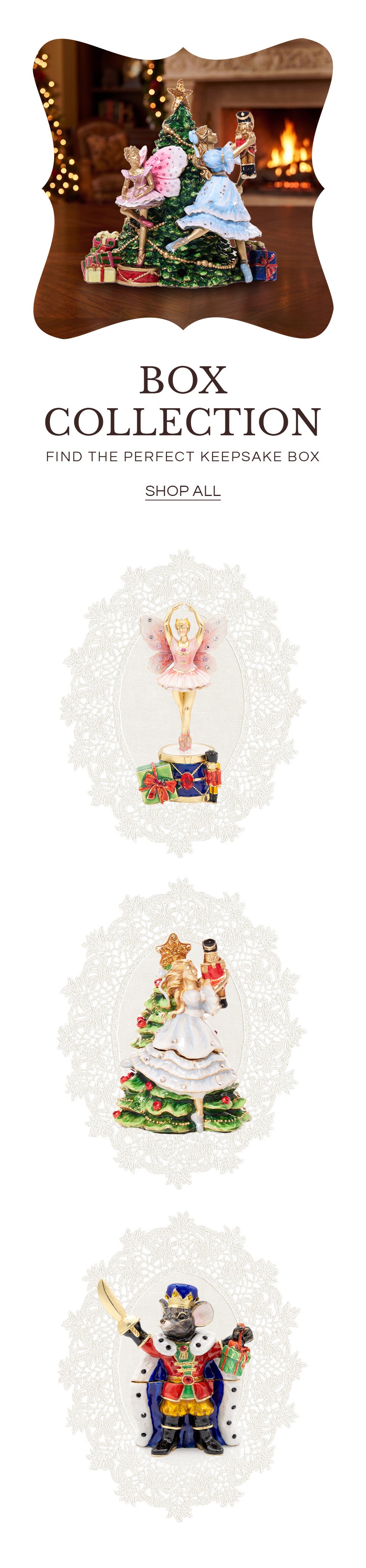 Nutcracker scene keepsake box collection with Christmas tree, sugar plum fairy, and Clara figurines