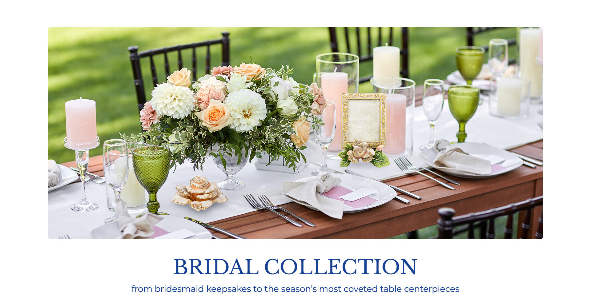 Wedding collection banner, tablescape featuring a Jay Strongwater frame and small keepsake box