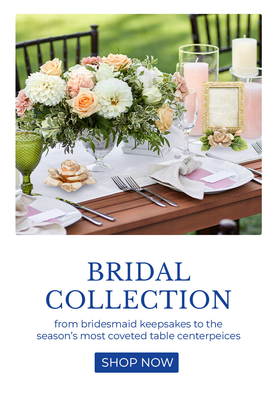 Bridal Collection banner wedding tablescapre featuring Jay Strongwater rose frame and small keepsake box