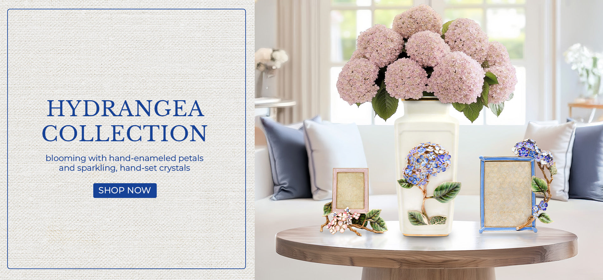 Hyndrangea Collection Banner featuring two picture frames with Hydrangeas and a ceramic vase with Hyndrageas