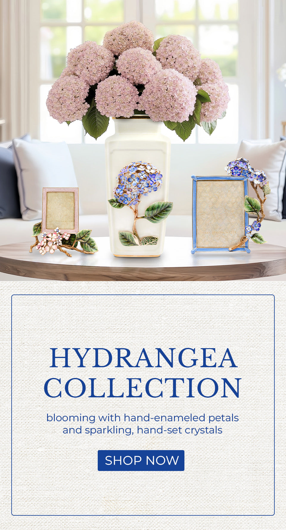 Hyndrangea Collection Banner featuring two picture frames with Hydrangeas and a ceramic vase with Hyndrageas