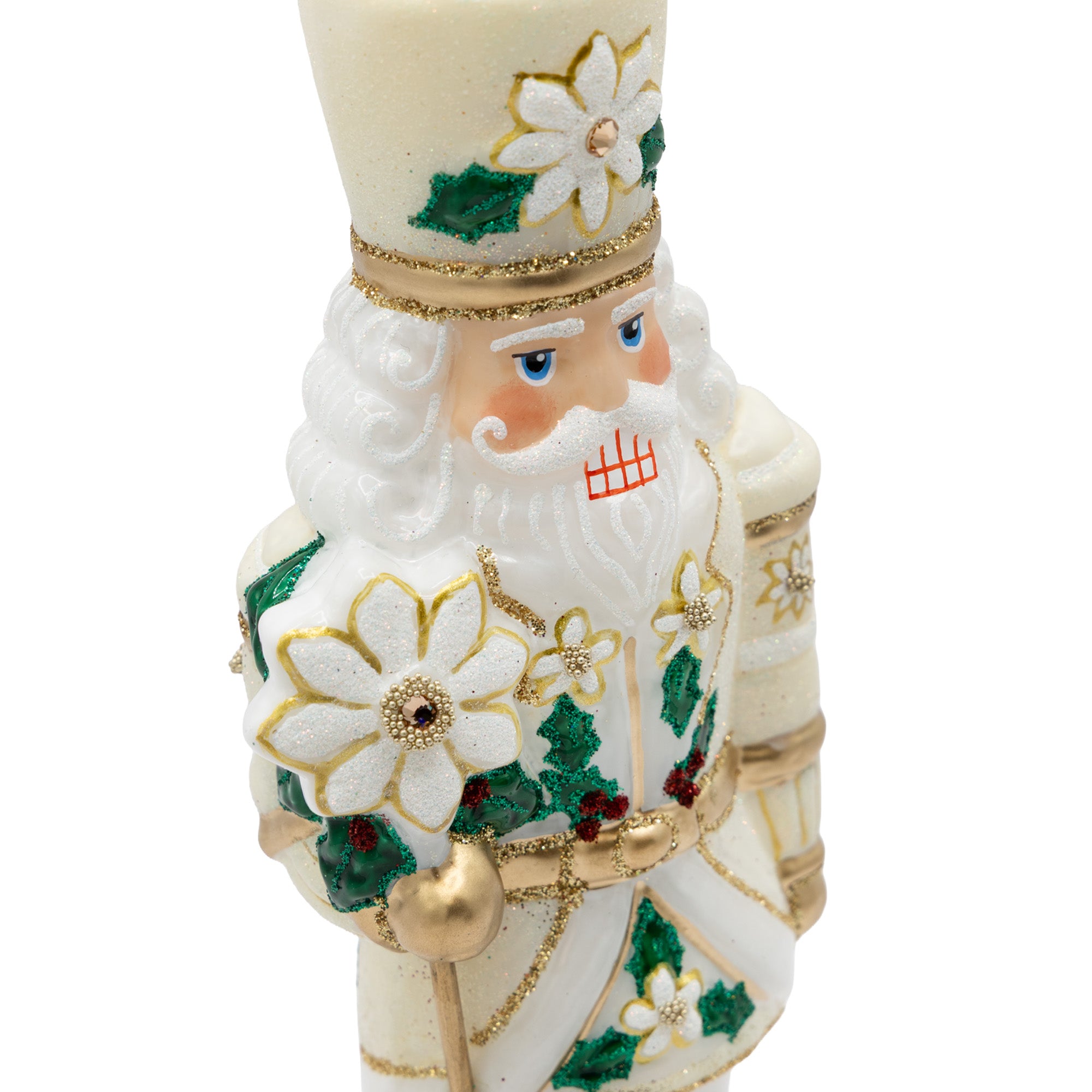 White and Gold Poinsettia Nutcracker Ornament