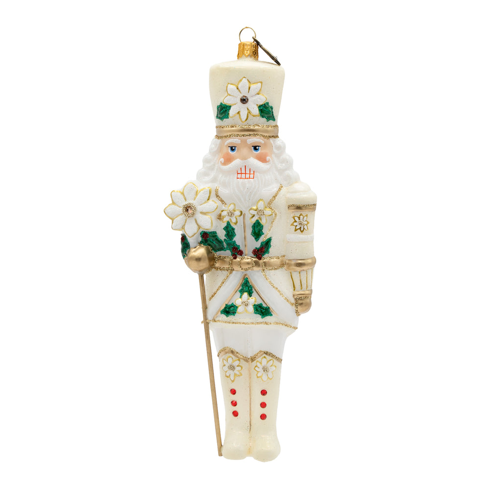 White and Gold Poinsettia Nutcracker Ornament