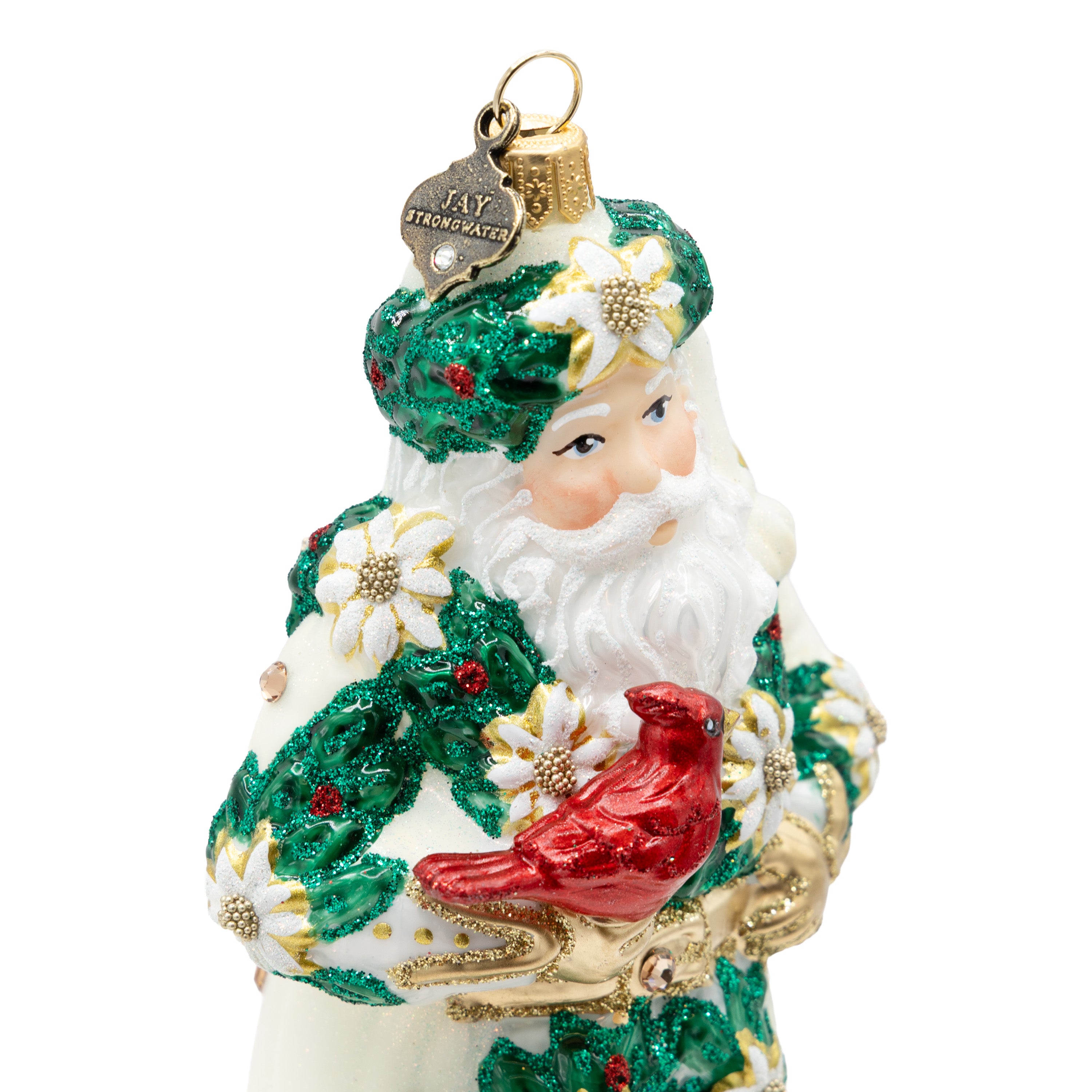 White and Gold Poinsettia Santa Ornament