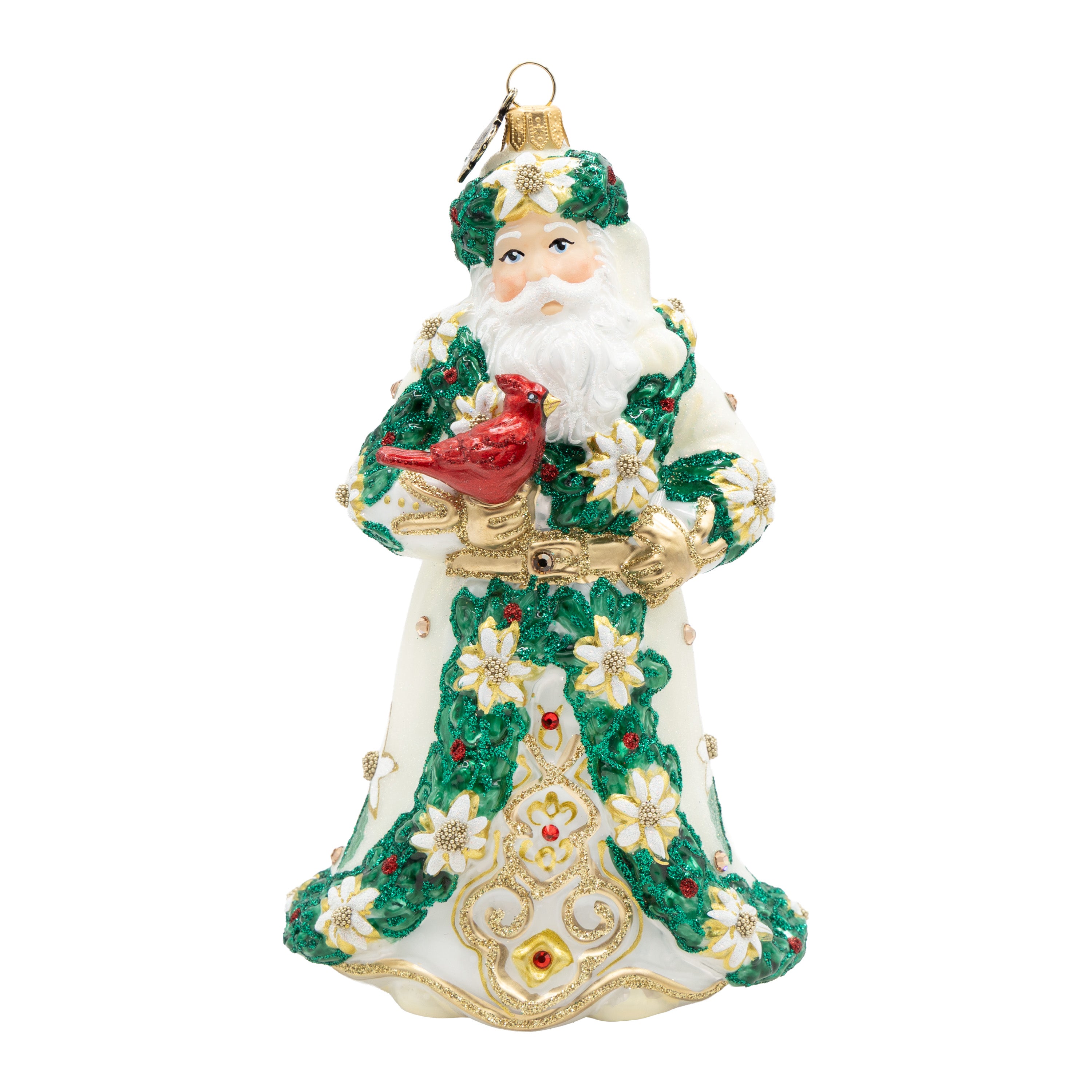 White and Gold Poinsettia Santa Ornament