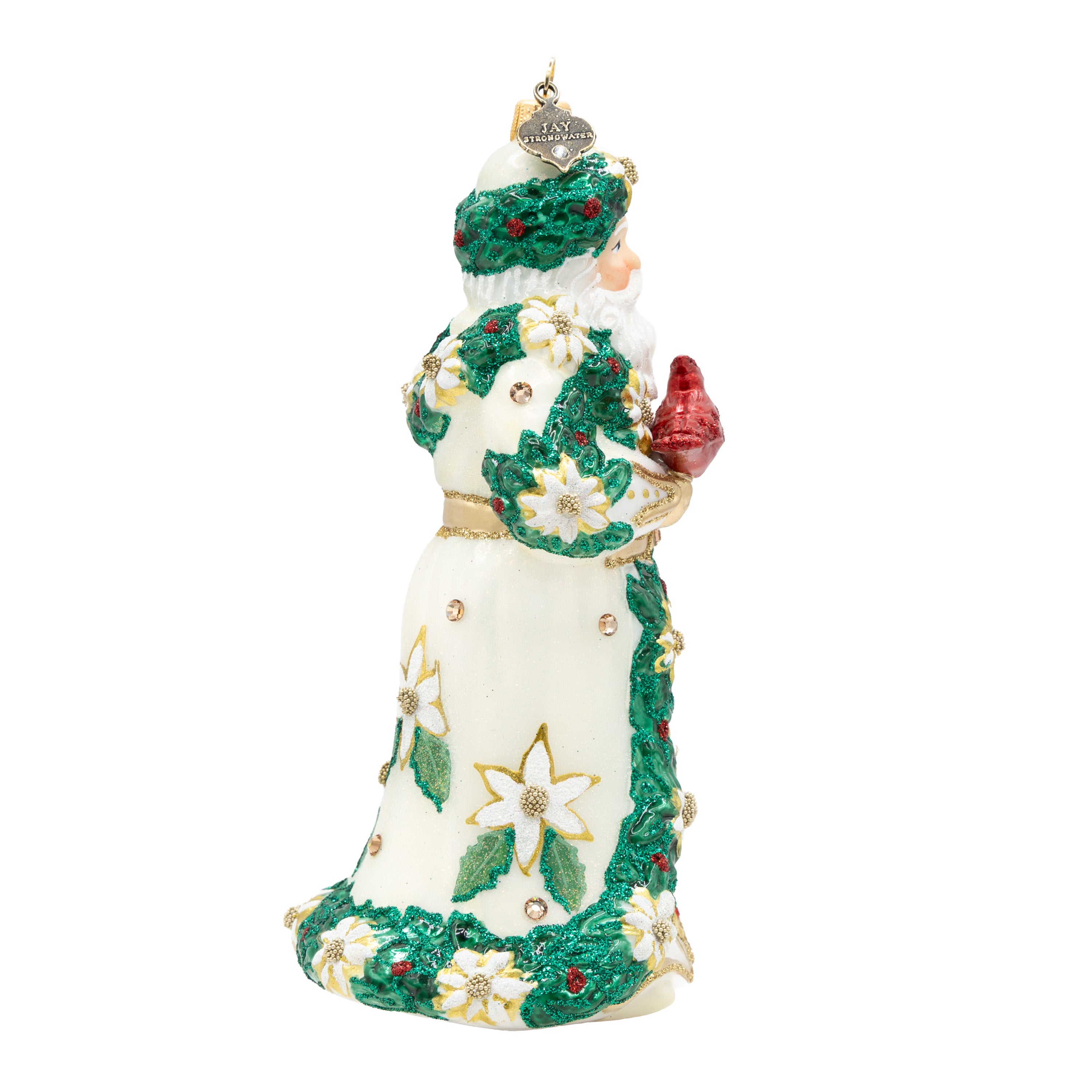 White and Gold Poinsettia Santa Ornament