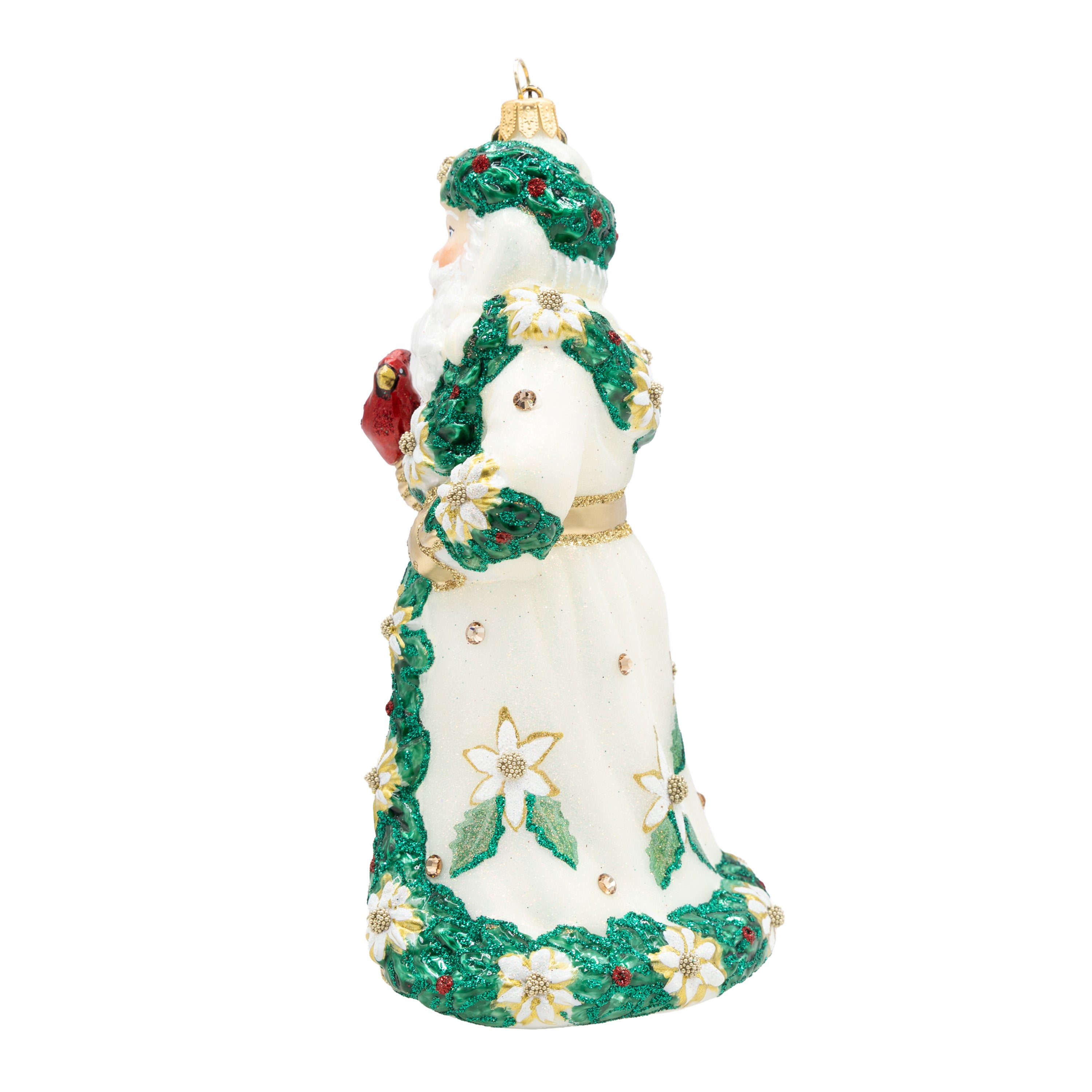 White and Gold Poinsettia Santa Ornament