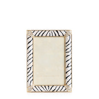 4” x 6” Lavinia Frame - Zebra. This frame features zebra patterned enamel adorned with crystals in the corners. View of front. 