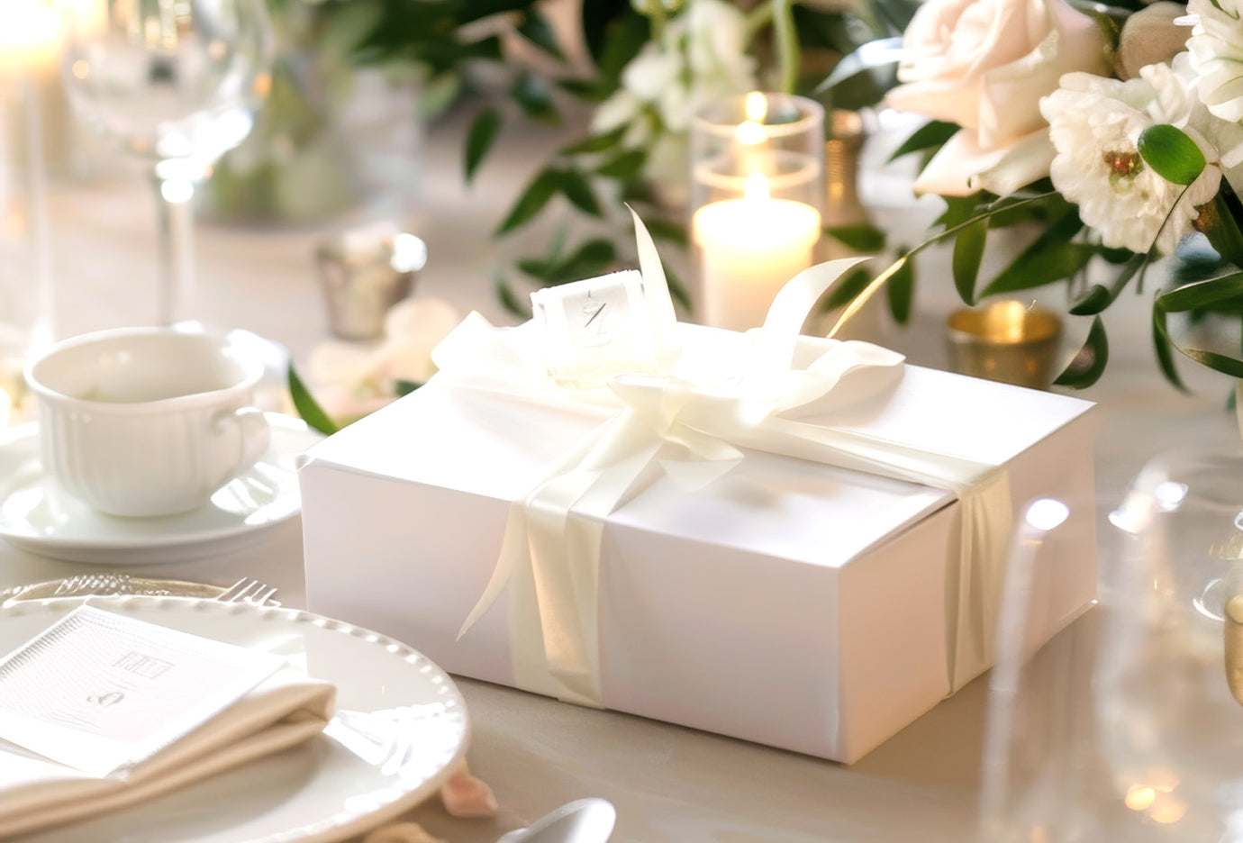 A gift box tied with a white bow laying on a table with floral arrangements