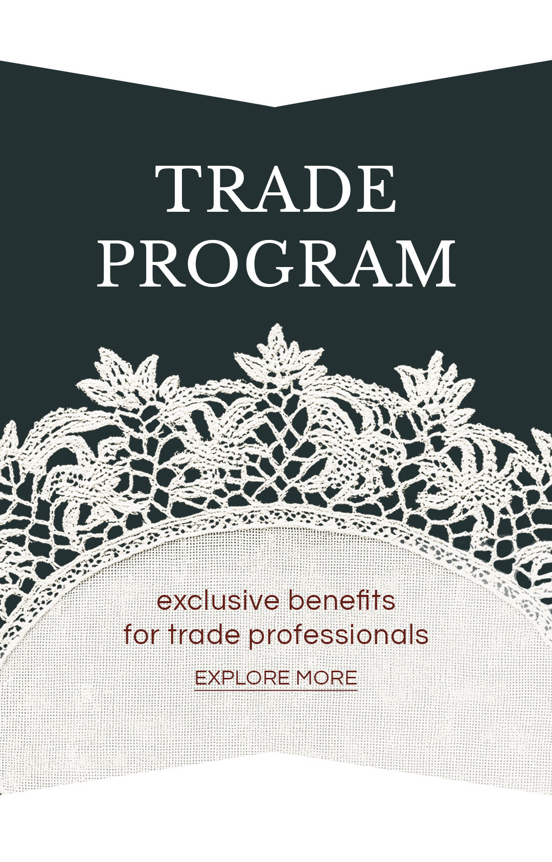 Ribbon banner for Trade Program featuring white lace trim and text: "TRADE PROGRAM - exclusive benefits for trade professionals - EXPLORE MORE".