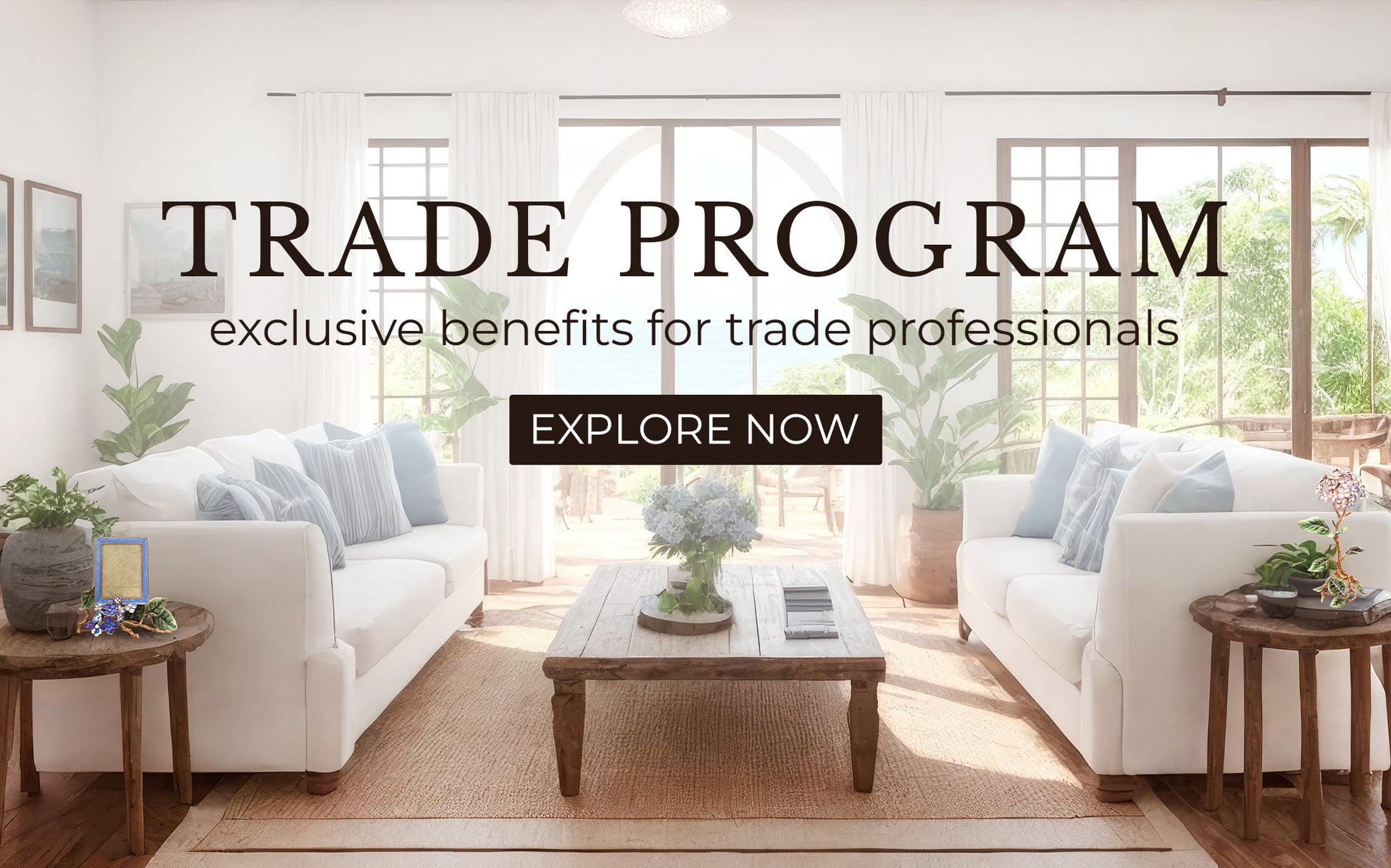 Banner featuring a large living room layout with a Jay Strongwater Hydrangea frame and our Hydrangea objet