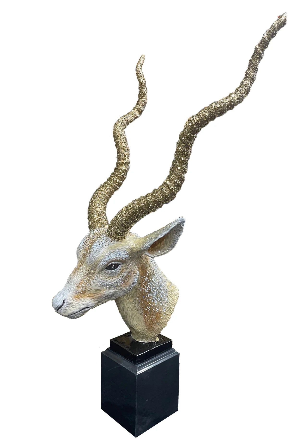 White and Gold Antelope Objet - Black Marble Base
