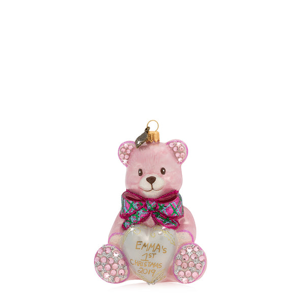 Personalized Baby's First Christmas Teddy Glass Ornament - Pink