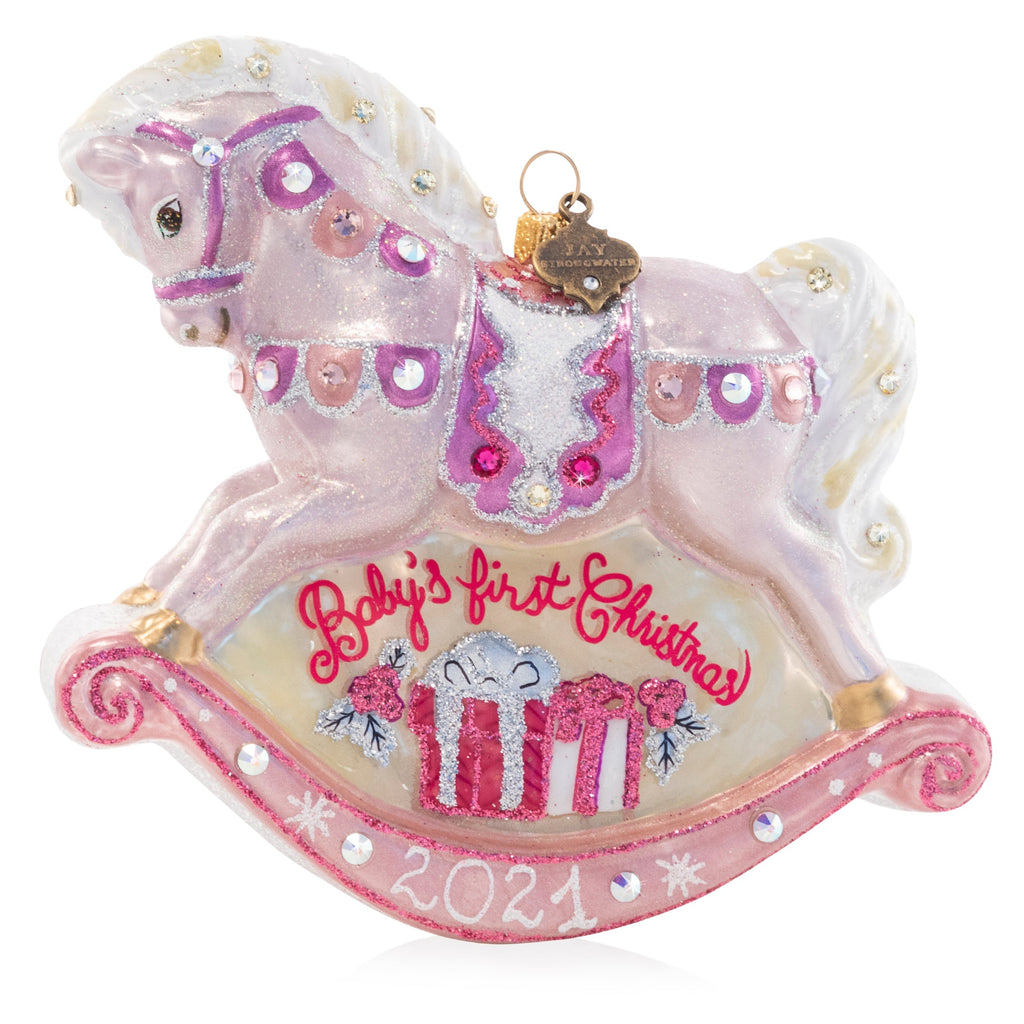Jay Strongwater Baby's 1st Rocking Horse Pink Glass Ornament.