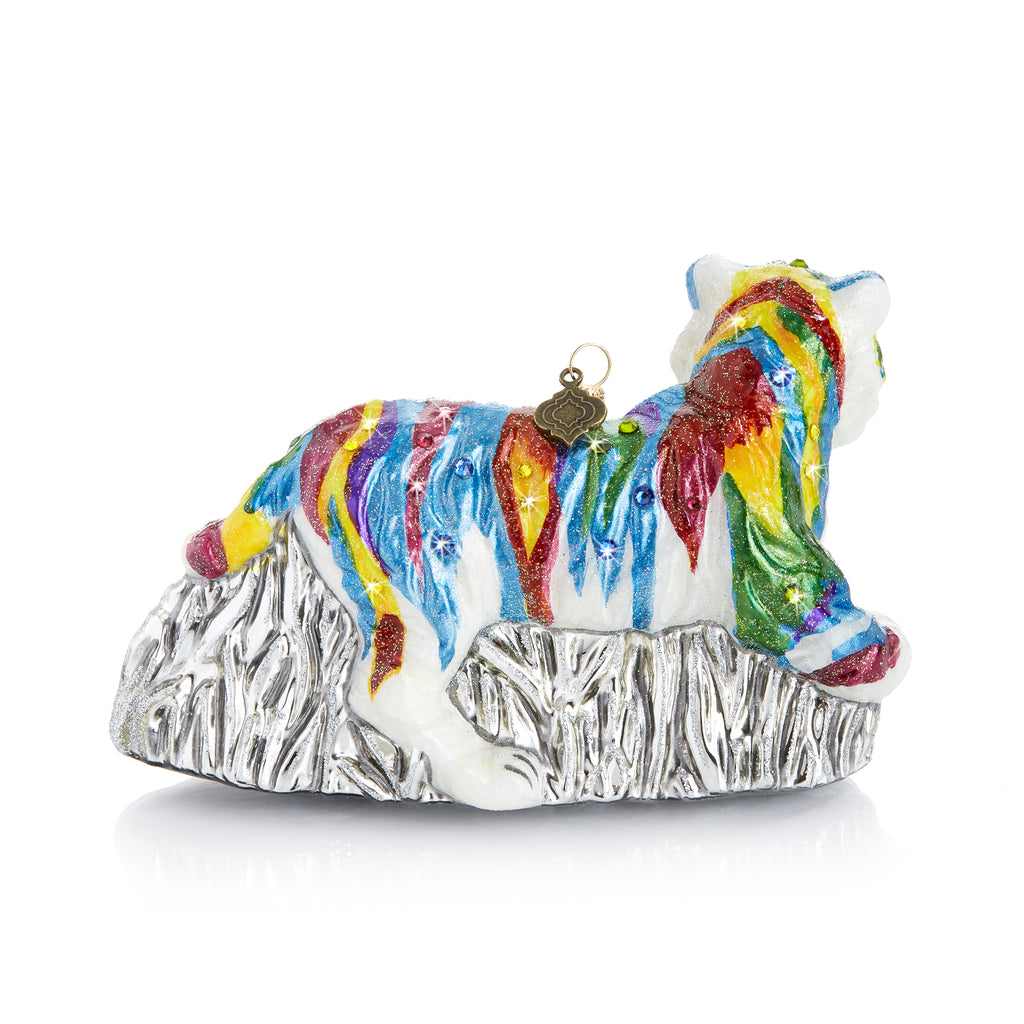 Jay Strongwater Rainbow Tiger Glass Ornament.