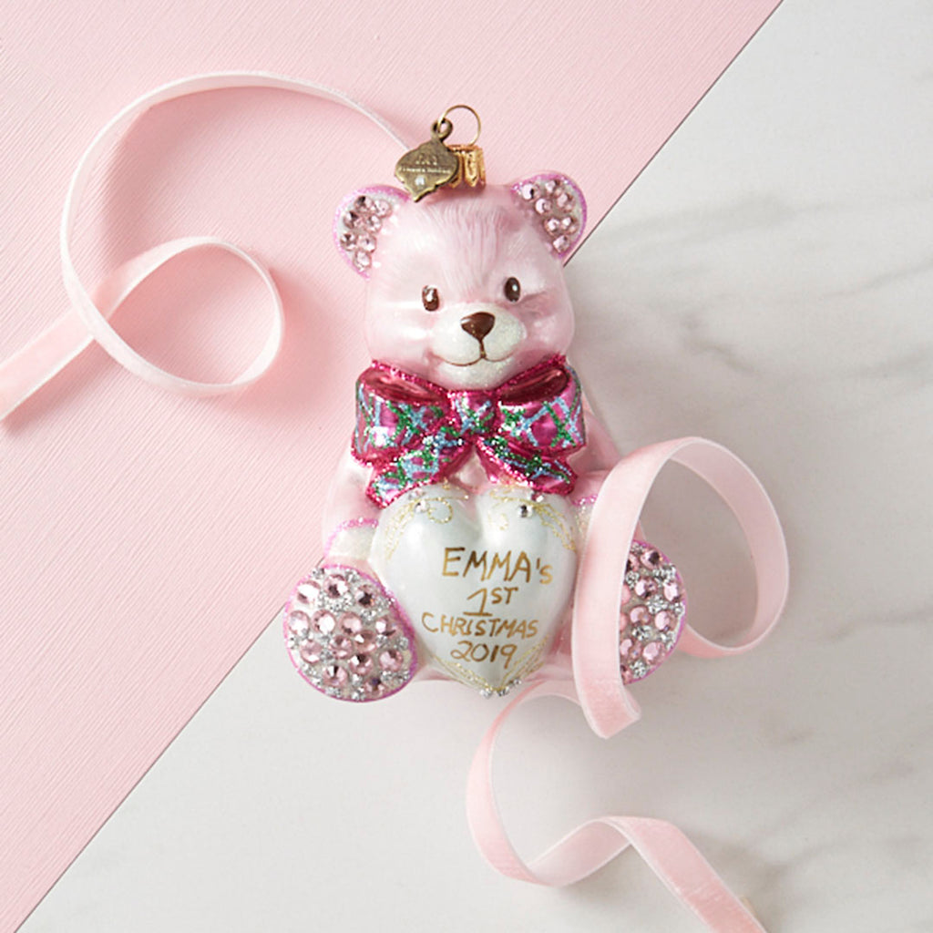 Personalized Baby's First Christmas Teddy Glass Ornament - Pink