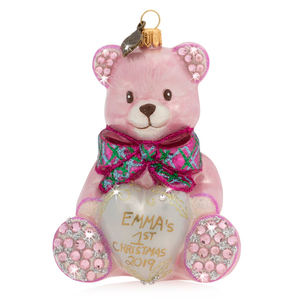 Personalized Baby's First Christmas Teddy Glass Ornament - Pink