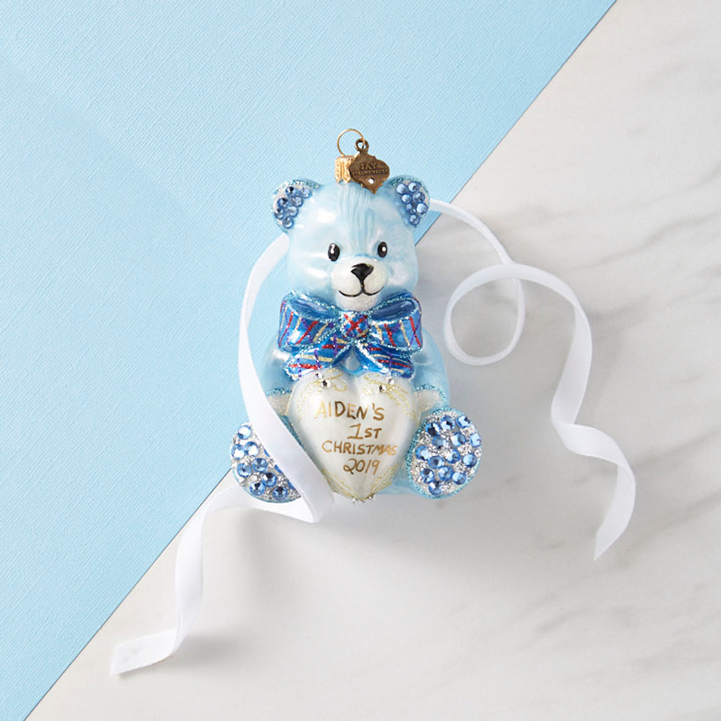 Personalized Baby's First Christmas Teddy Glass Ornament - Blue