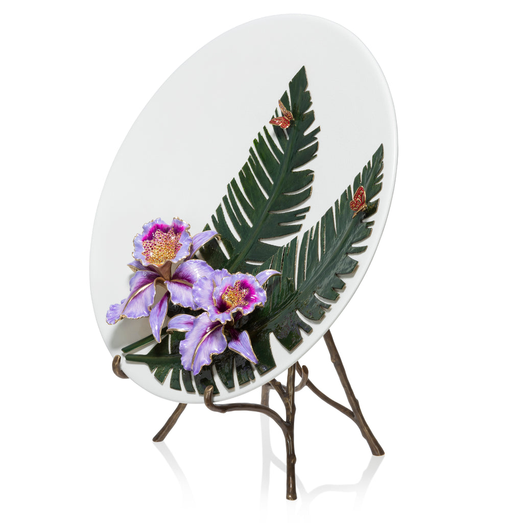 Jay Strongwater Catalina Orchid And Banana Leaf Platter With Stand.