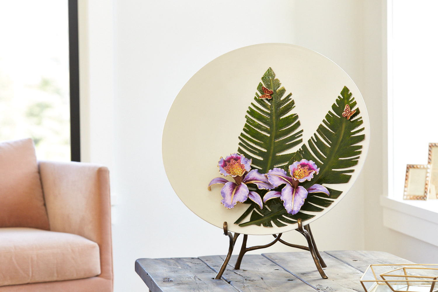 ジャイアントフラワー　ビッグバタフライ　セット Catalina Orchid And Banana Leaf Platter With Stand – Jay Strongwater