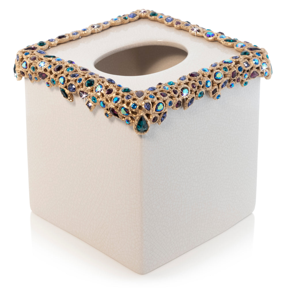 White Tissue Box Holder - Blue Bejeweled 