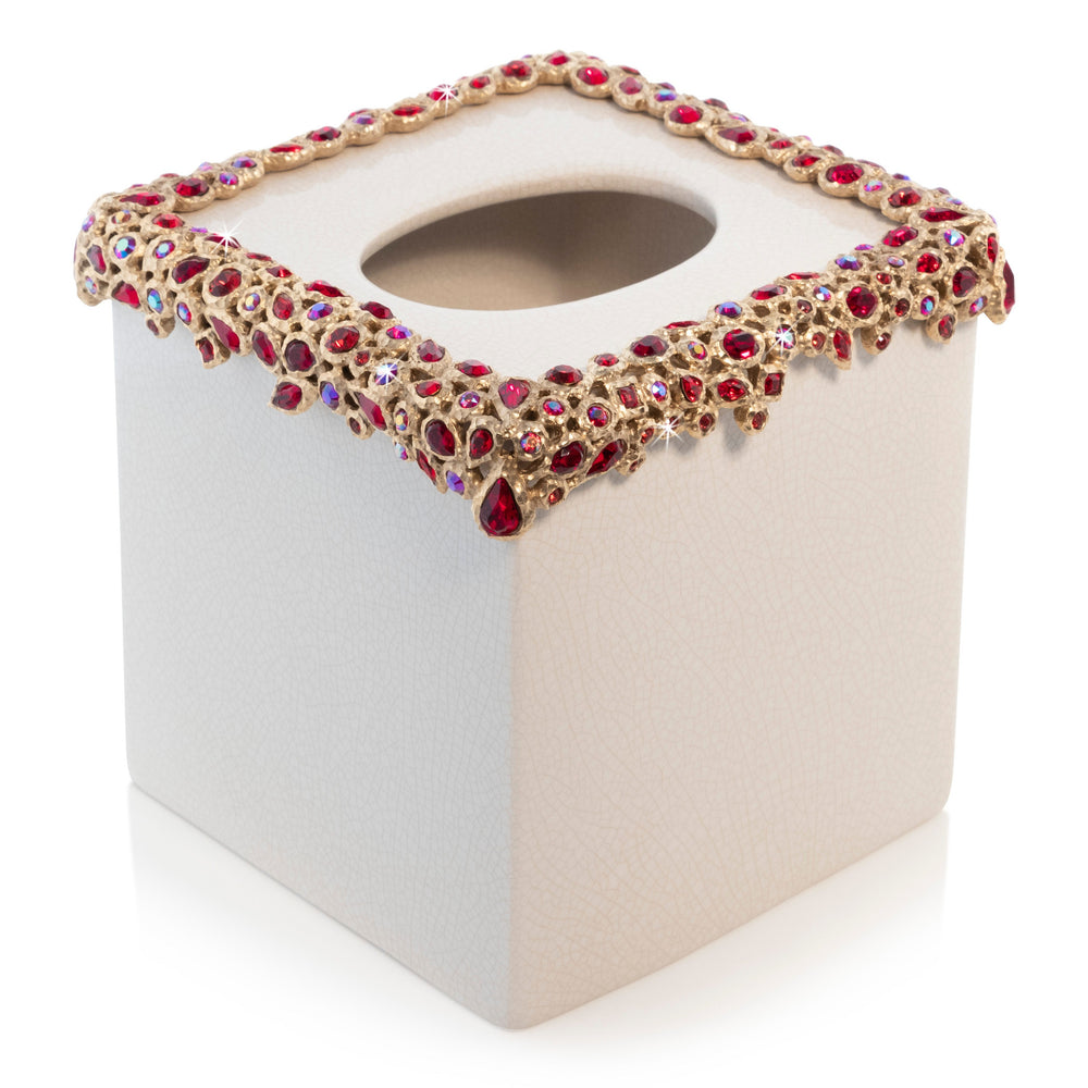 White Tissue Box Holder - Ruby Bejeweled 