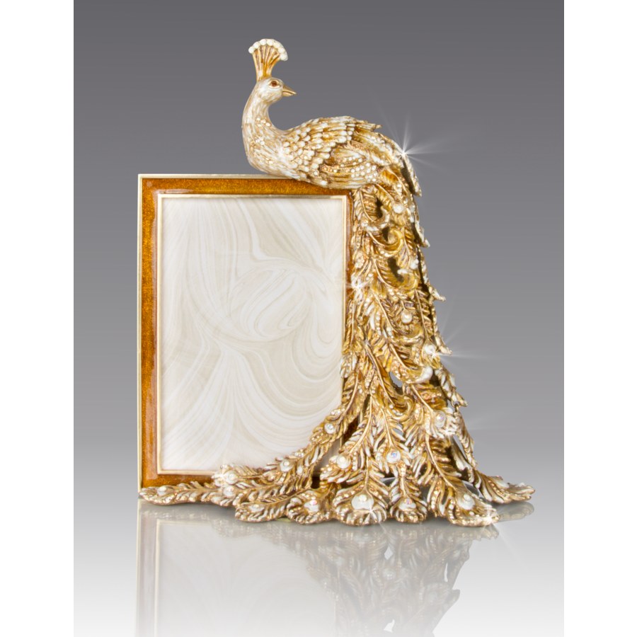 Jay Strongwater Alexi Peacock Figurine 4" x 6" Frame - Golden.